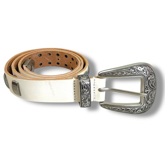 Urban Outfitters Western Bohemian Leather Studded Belt Off White Silver Medium - Picture 2 of 16
